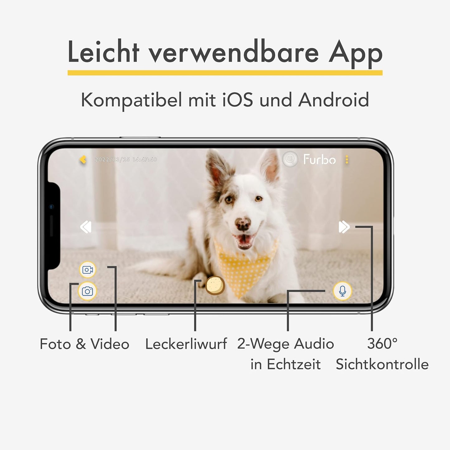 Furbo 360° Hundekamera Haustierkamera mit App, Rotierende 360° Sicht, Farbnachtsicht, Tracking, Leckerliwurf, Bell-Alarm