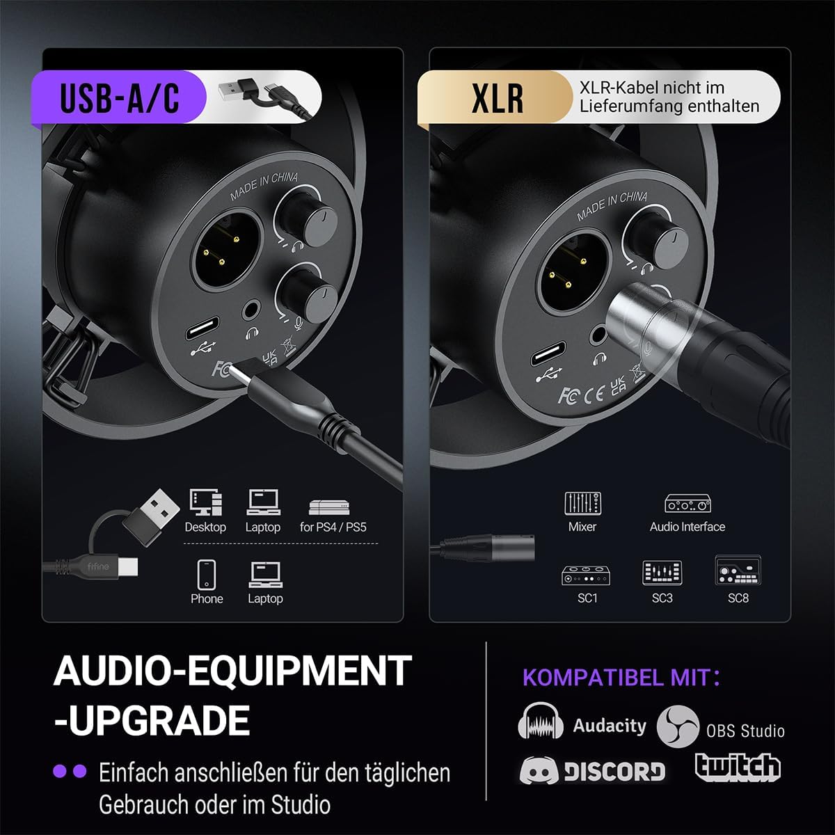 FIFINE K688CT Dynamic Podcast Mikrofon-Set USB/XLR-Mikrofon mit Armmikrofon,Stummschalter