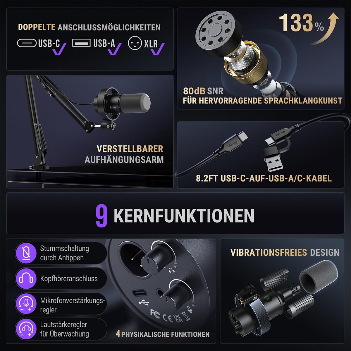 FIFINE K688CT Dynamic Podcast Mikrofon-Set USB/XLR-Mikrofon mit Armmikrofon,Stummschalter