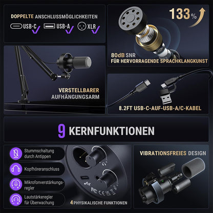 FIFINE K688CT Dynamic Podcast Mikrofon-Set USB/XLR-Mikrofon mit Armmikrofon,Stummschalter