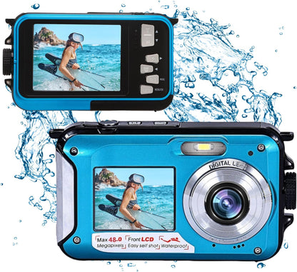 FHD 48MP wasserdichte Kamera 10FT Unterwasserkamera, 2.7K 16X Digitalzoom Blau