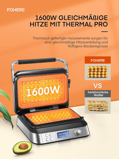FOHERE Waffeleisen 1600 W, Doppelwaffeleisen,5 Programme, 7 Bräunungsstufen,Timer,