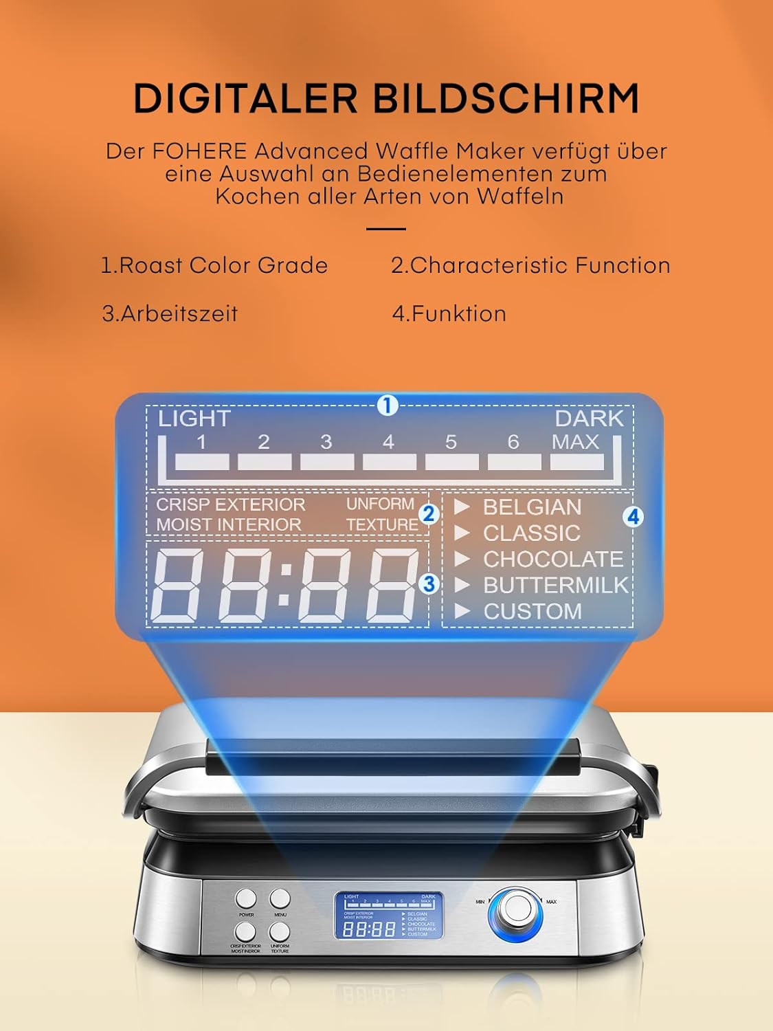 FOHERE Waffeleisen 1600 W, Doppelwaffeleisen,5 Programme, 7 Bräunungsstufen,Timer,