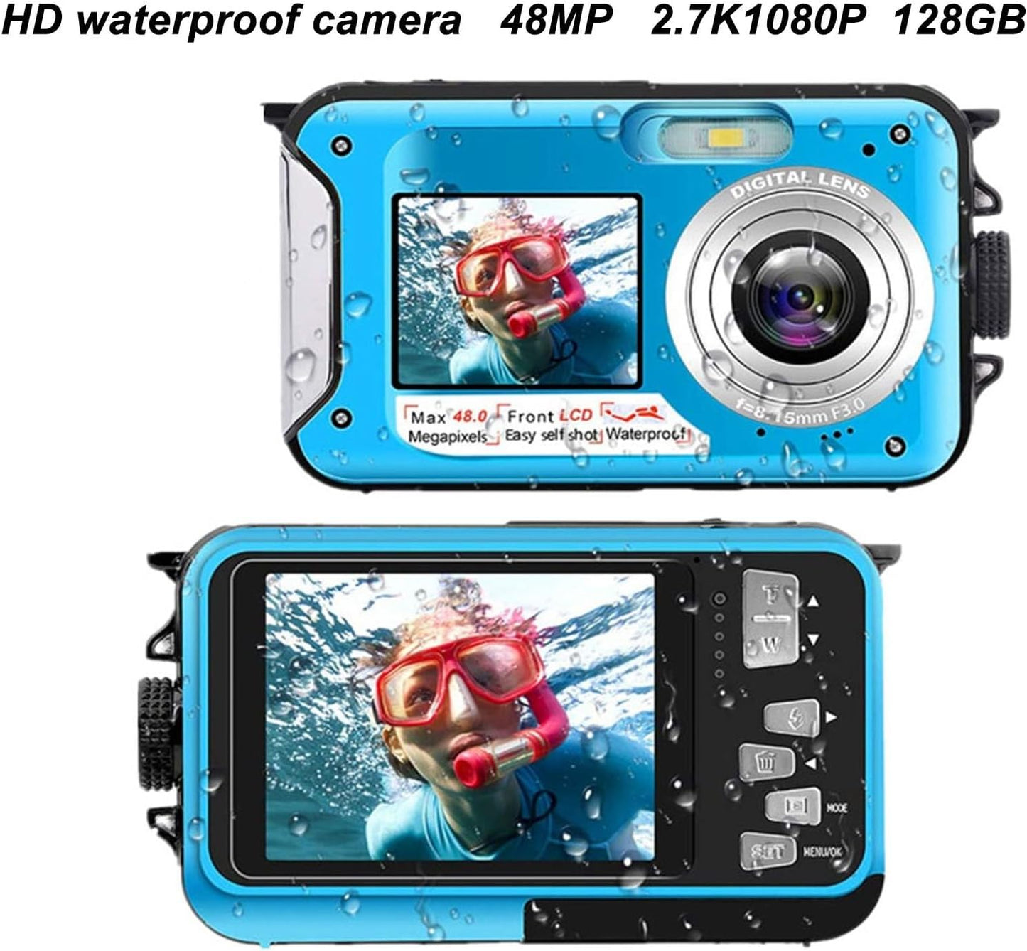FHD 48MP wasserdichte Kamera 10FT Unterwasserkamera, 2.7K 16X Digitalzoom Blau