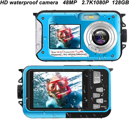 FHD 48MP wasserdichte Kamera 10FT Unterwasserkamera, 2.7K 16X Digitalzoom Blau