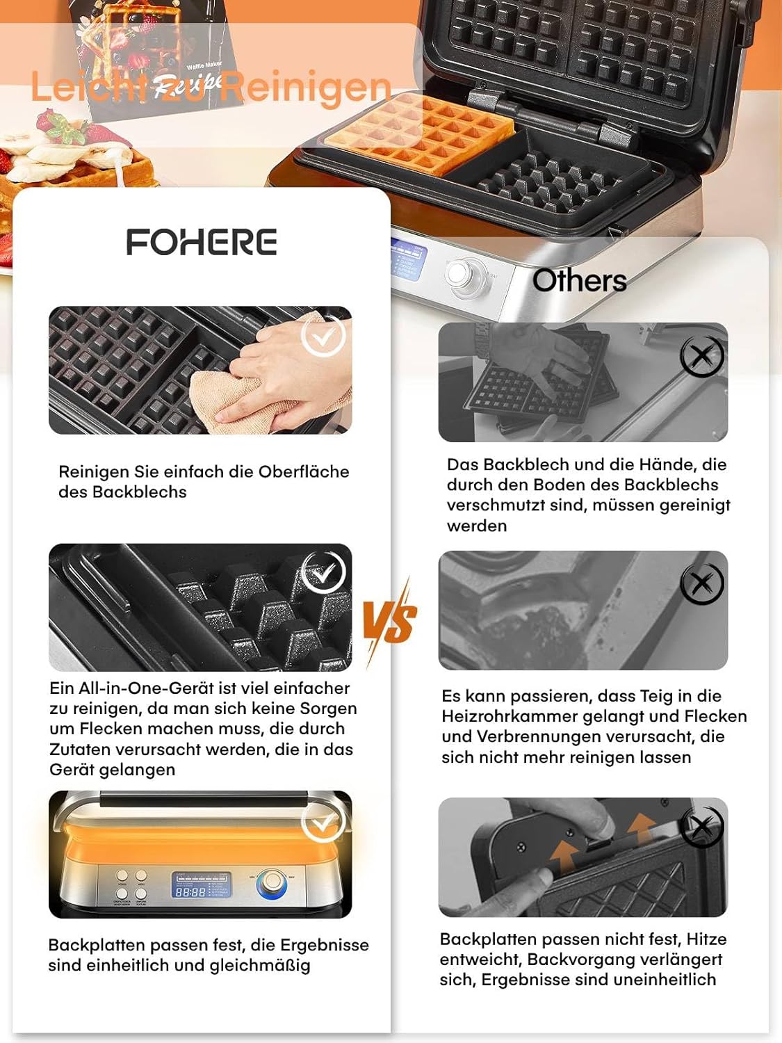 FOHERE Waffeleisen 1600 W, Doppelwaffeleisen,5 Programme, 7 Bräunungsstufen,Timer,