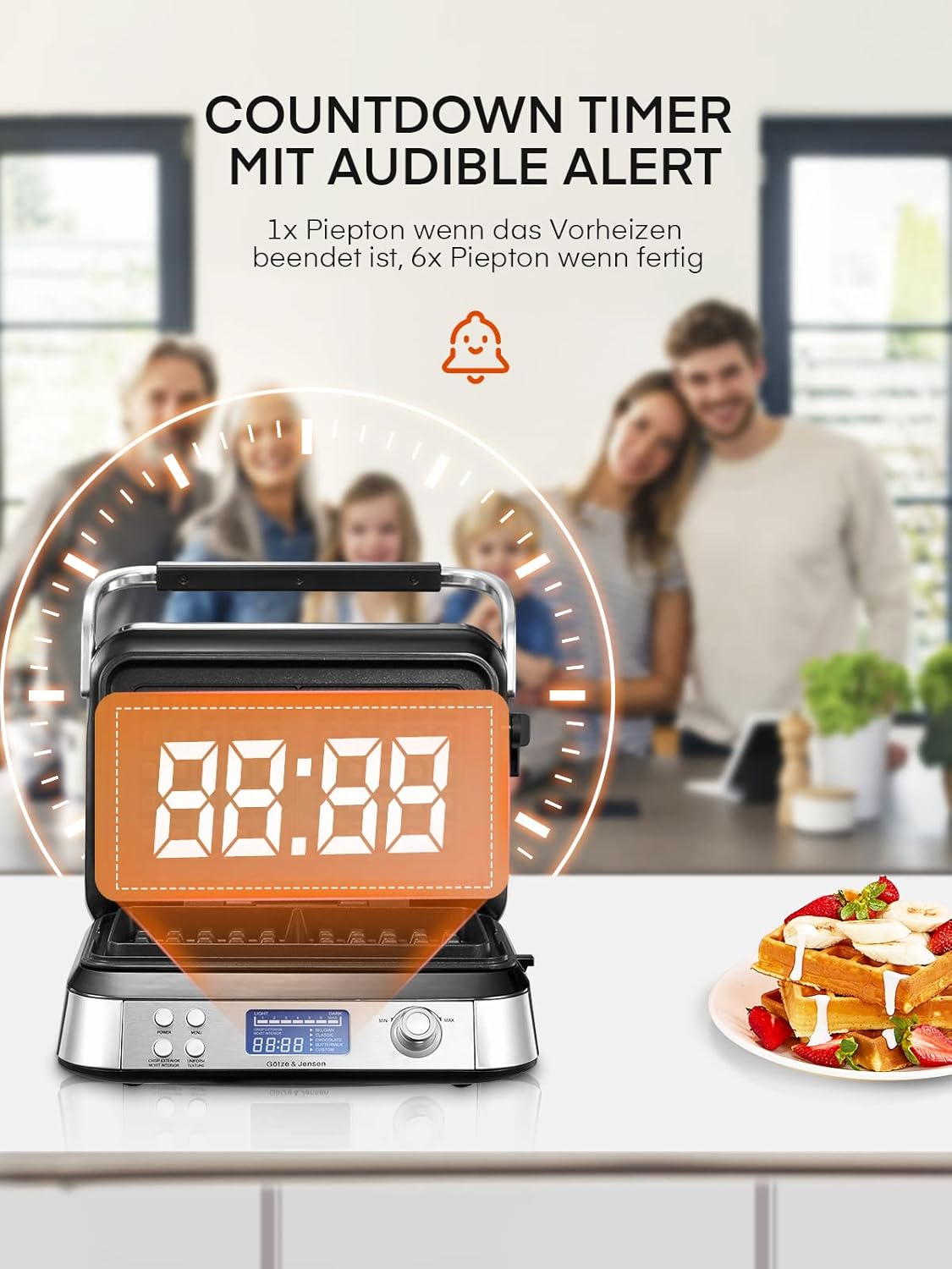FOHERE Waffeleisen 1600 W, Doppelwaffeleisen,5 Programme, 7 Bräunungsstufen,Timer,