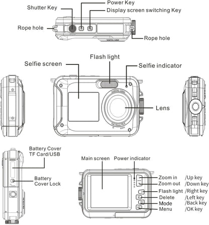 FHD 48MP wasserdichte Kamera 10FT Unterwasserkamera, 2.7K 16X Digitalzoom Blau