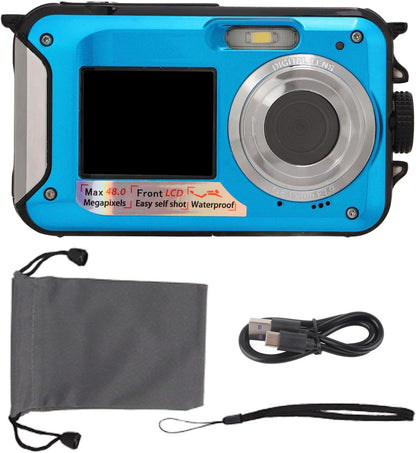 FHD 48MP wasserdichte Kamera 10FT Unterwasserkamera, 2.7K 16X Digitalzoom Blau