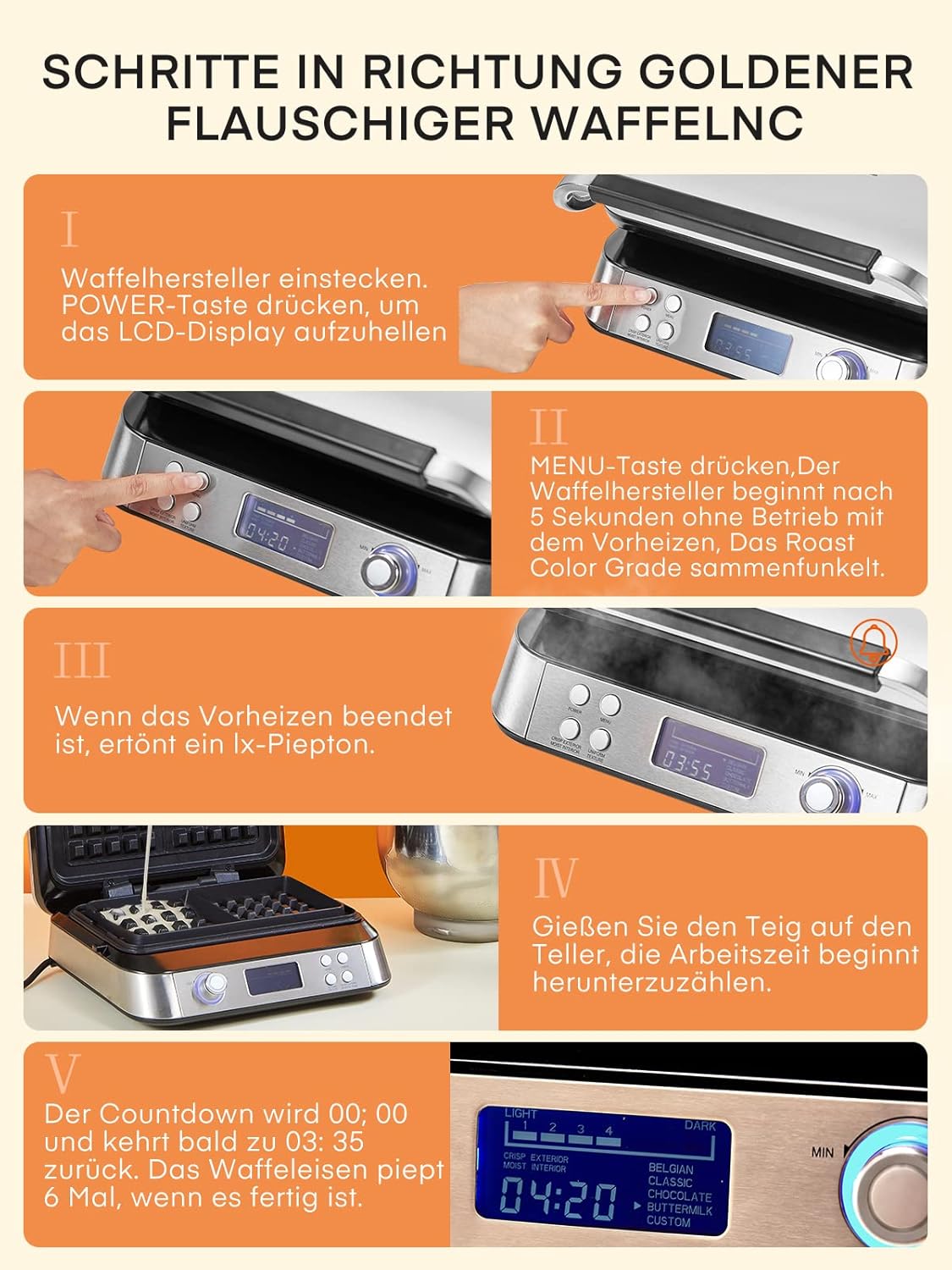 FOHERE Waffeleisen 1600 W, Doppelwaffeleisen,5 Programme, 7 Bräunungsstufen,Timer,