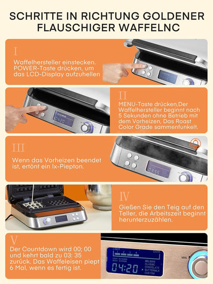 FOHERE Waffeleisen 1600 W, Doppelwaffeleisen,5 Programme, 7 Bräunungsstufen,Timer,