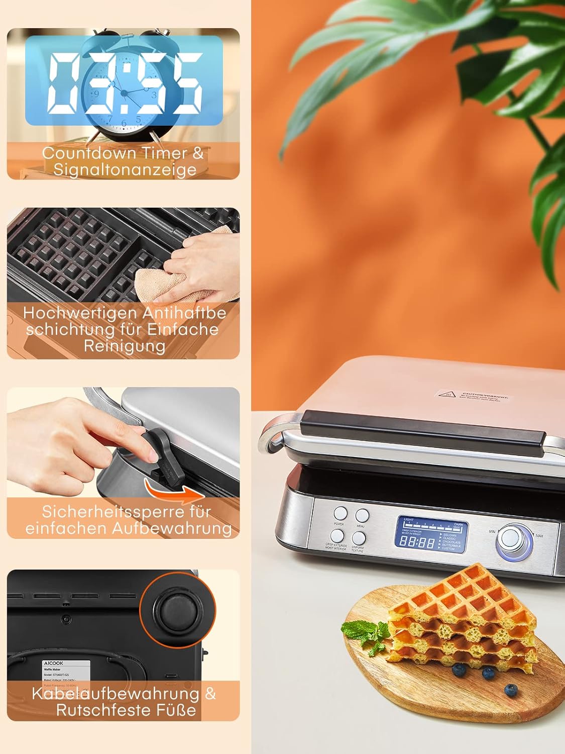 FOHERE Waffeleisen 1600 W, Doppelwaffeleisen,5 Programme, 7 Bräunungsstufen,Timer,