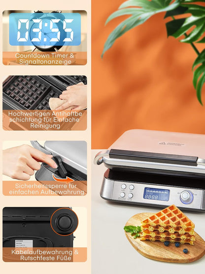 FOHERE Waffeleisen 1600 W, Doppelwaffeleisen,5 Programme, 7 Bräunungsstufen,Timer,