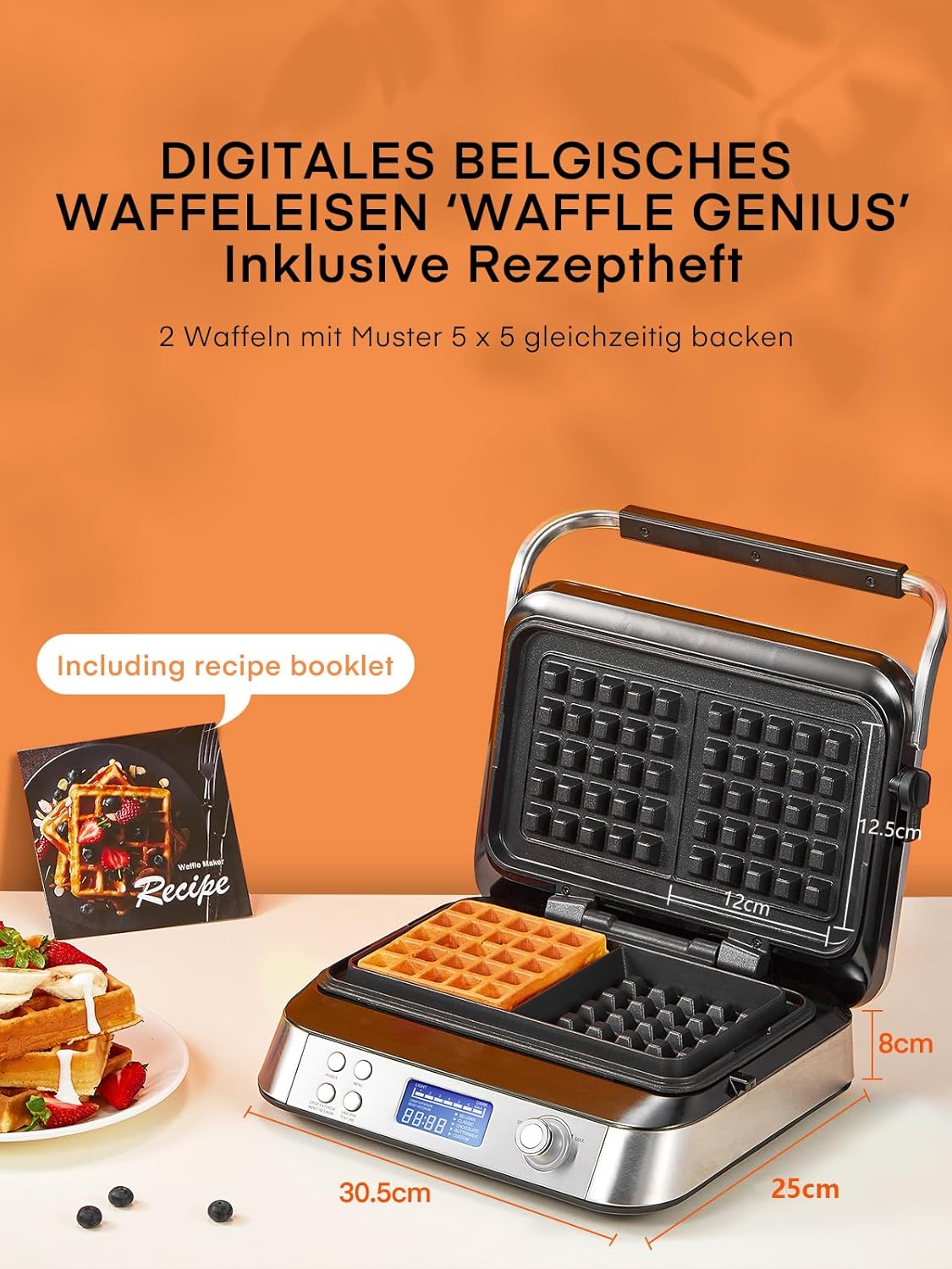 FOHERE Waffeleisen 1600 W, Doppelwaffeleisen,5 Programme, 7 Bräunungsstufen,Timer,