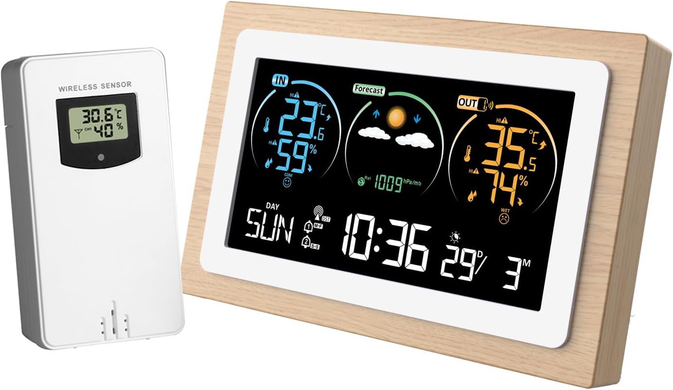 FJ3399C Intelligente Wetterstation mit Uhr Innen- und Außentemperatur,Luftfeuchtigkeitsmesser