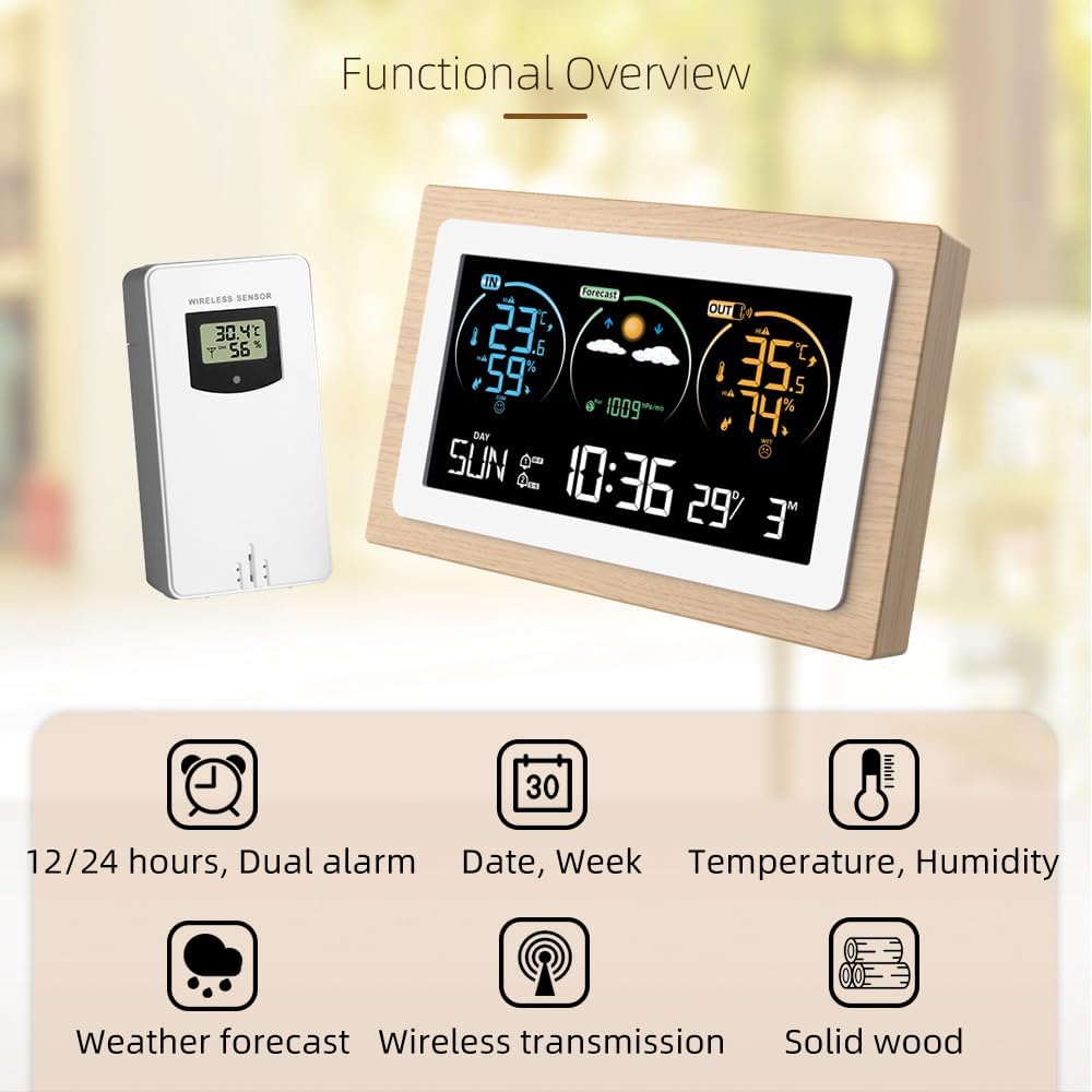 FJ3399C Intelligente Wetterstation mit Uhr Innen- und Außentemperatur,Luftfeuchtigkeitsmesser