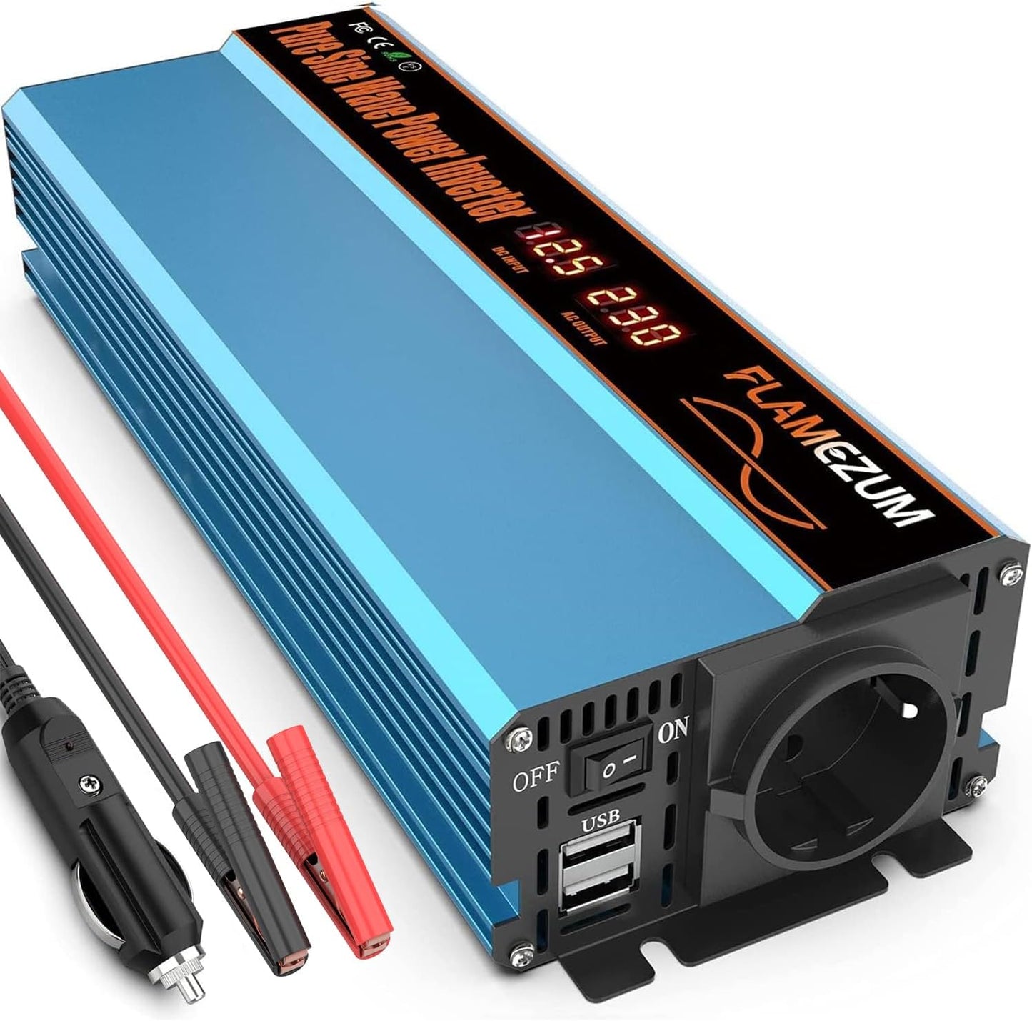 FLAMEZUM 1000W/2000W Wechselrichter 12V auf 230V Reiner Sinus Spannungswandler