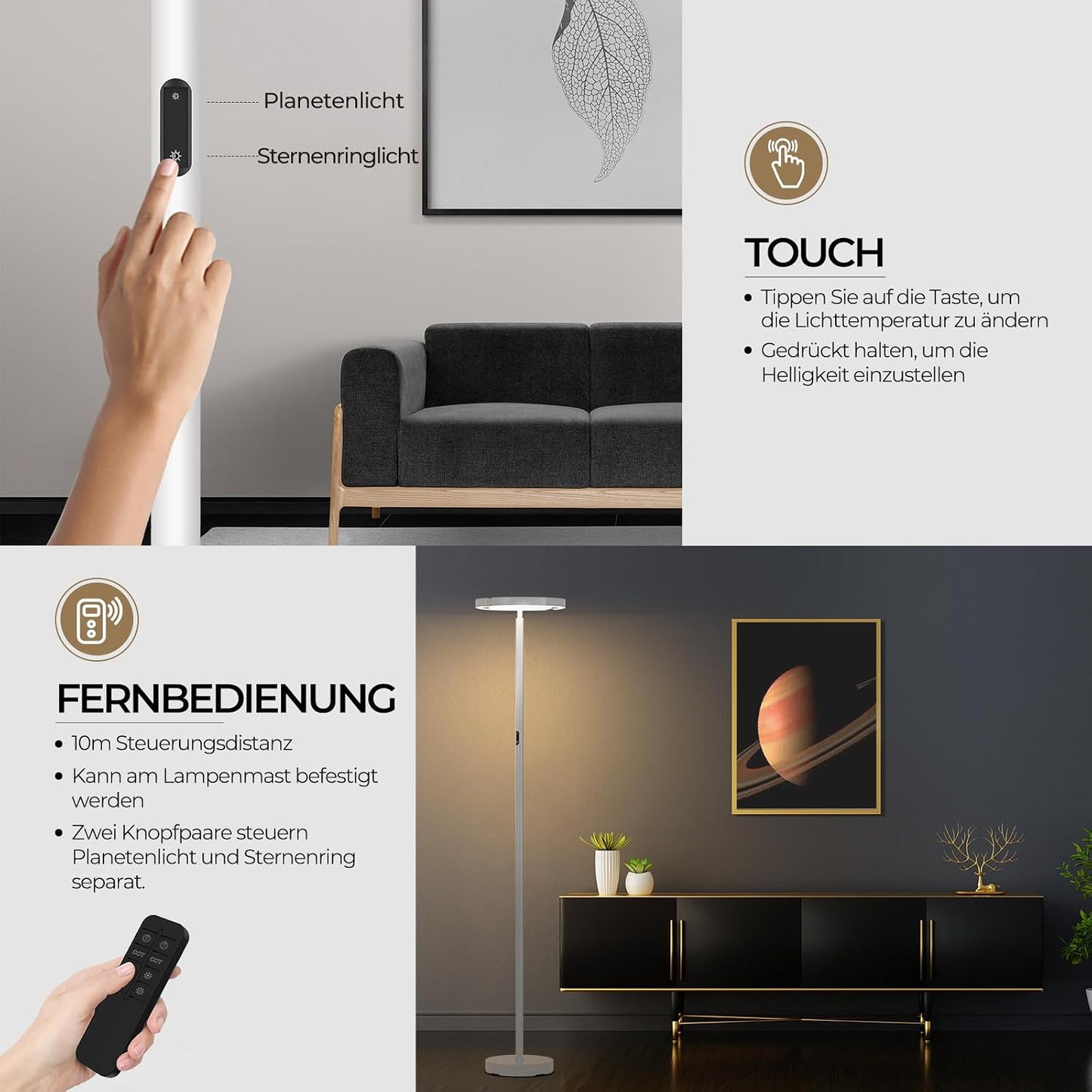 FIMEI Stehlampe, Stufenlos dimmbar & 3000K - 6000K Fernbedienung/Touch Unabhängige Steuerung,