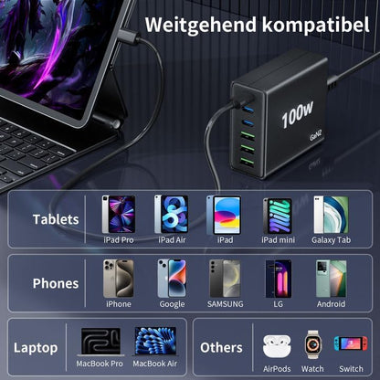 FINIBO USB C Ladegerät100W 6-Port Schnellladegerät mit USB-C und A