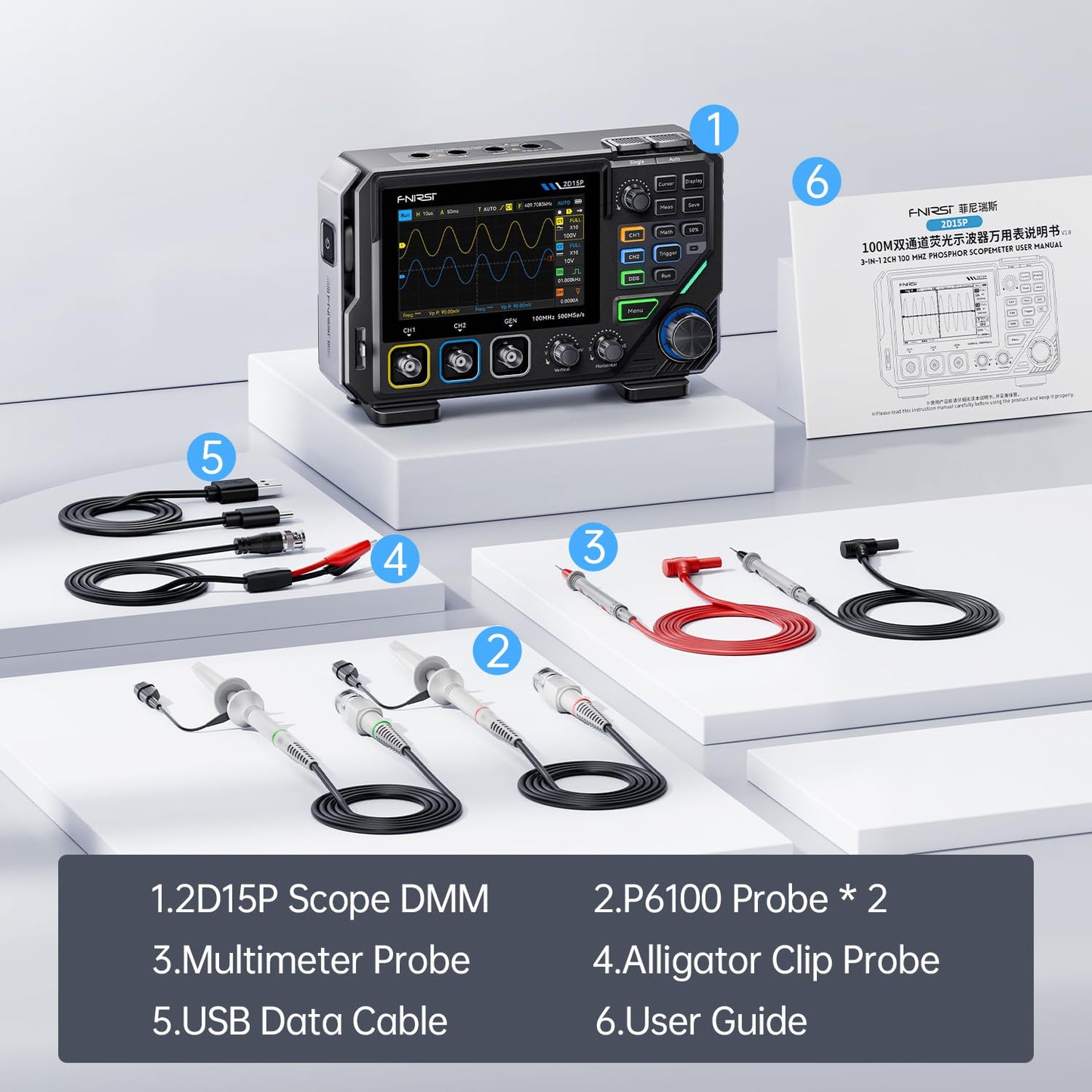 Fnirsi Oszilloskop 2D15P, 100 M Bandbreite Dual-Kanal 500 M