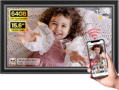 Frameo 15,6 Zoll großer digitaler WLAN-Bilderrahmen, 64 GB Speicher, Schwarz