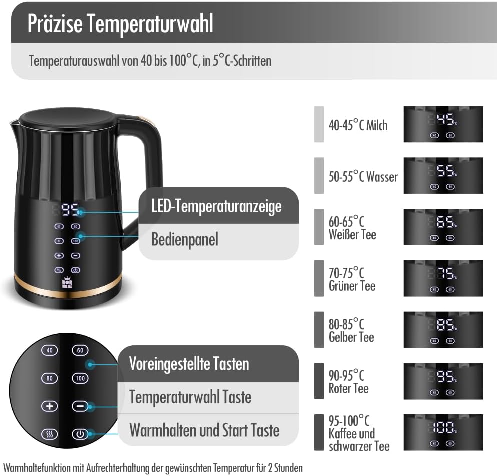 ForMe Edelstahl Wasserkocher 1,7 L avec réglage de la température Temperaturewahl 40-100