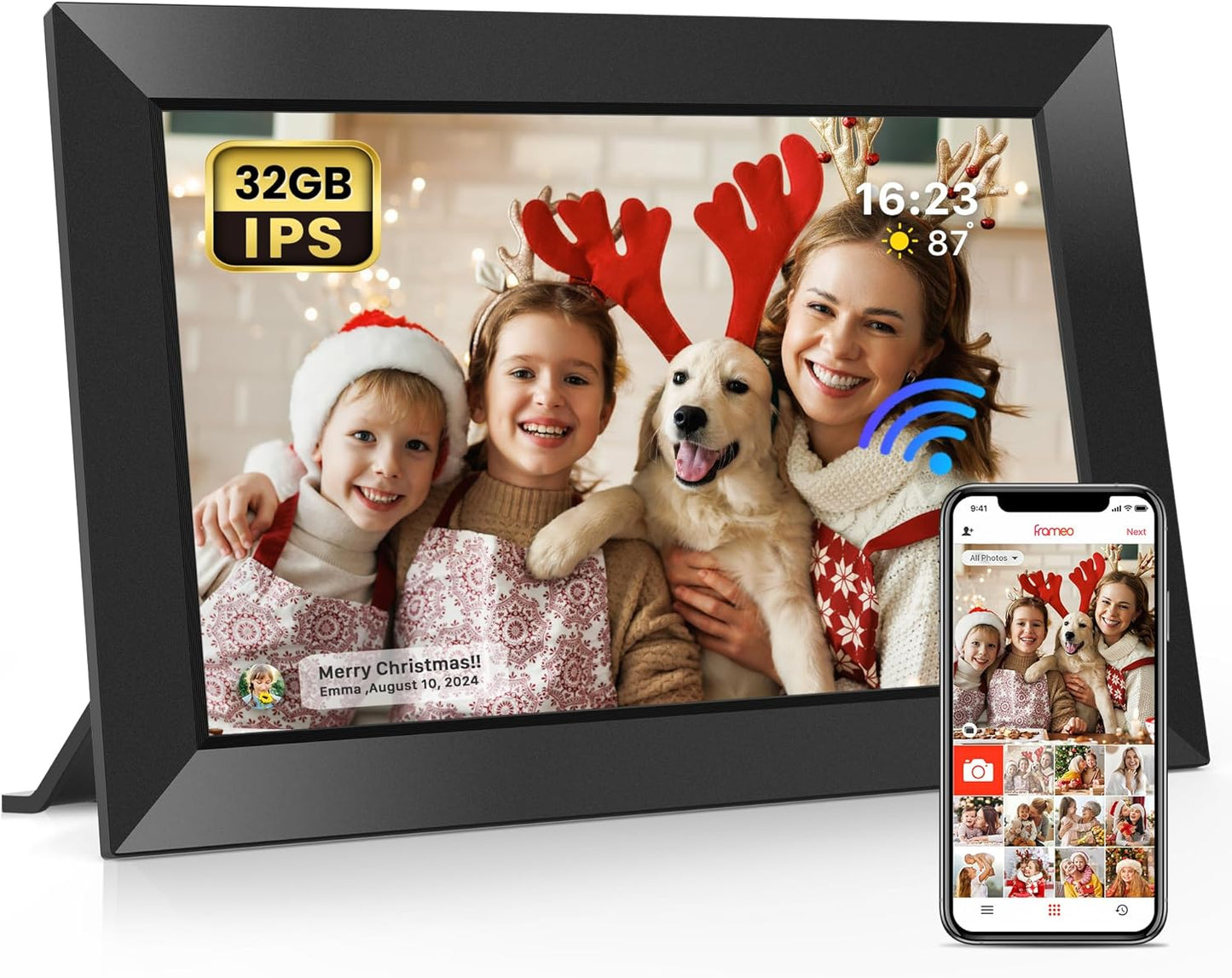 Frameo 10.1 Zoll Digitaler Bilderrahmen 2K 64GB WiFi Elektronischer Bilderrahmen FHD 1920x1200 IPS Touchscreen Klassiker schwarz