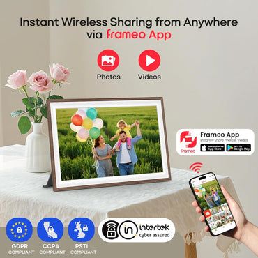 Frameo 10,1 Zoll Holz WiFi Digitaler Bilderrahmen mit 32 GB Speicher, Braun