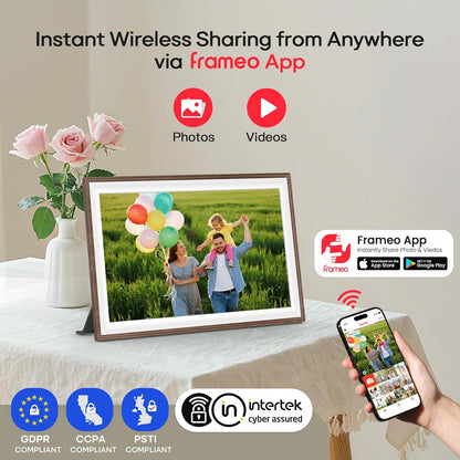 Frameo 10,1 Zoll Holz WiFi Digitaler Bilderrahmen mit 32 GB Speicher, Braun