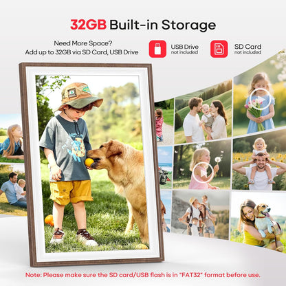 Frameo 10,1 Zoll Holz WiFi Digitaler Bilderrahmen mit 32 GB Speicher, Braun