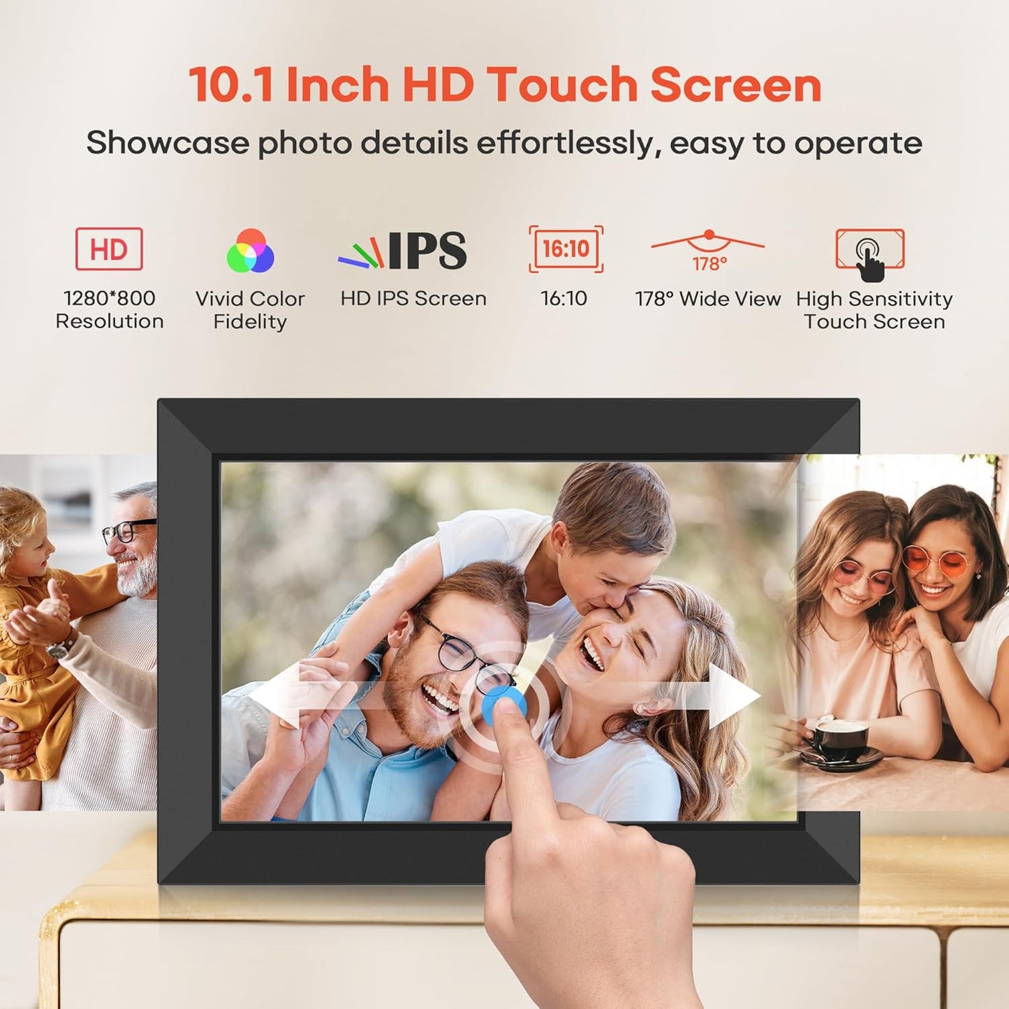 Frameo 10.1 Zoll Digitaler Bilderrahmen 2K 64GB WiFi Elektronischer Bilderrahmen FHD 1920x1200 IPS Touchscreen Klassiker schwarz