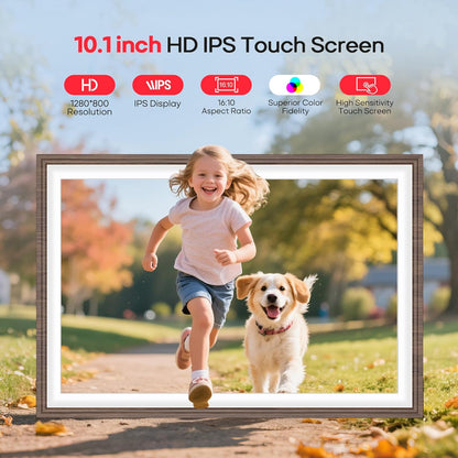 Frameo 10,1 Zoll Holz WiFi Digitaler Bilderrahmen mit 32 GB Speicher, Braun