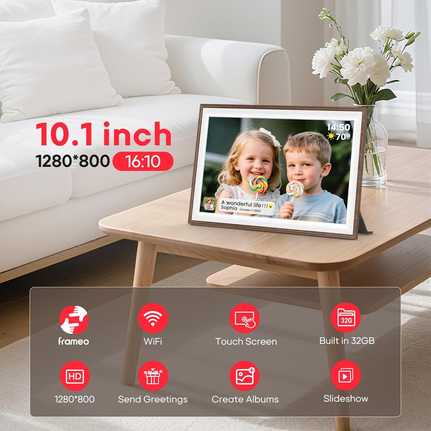 Frameo 10,1 Zoll Holz WiFi Digitaler Bilderrahmen mit 32 GB Speicher, Braun