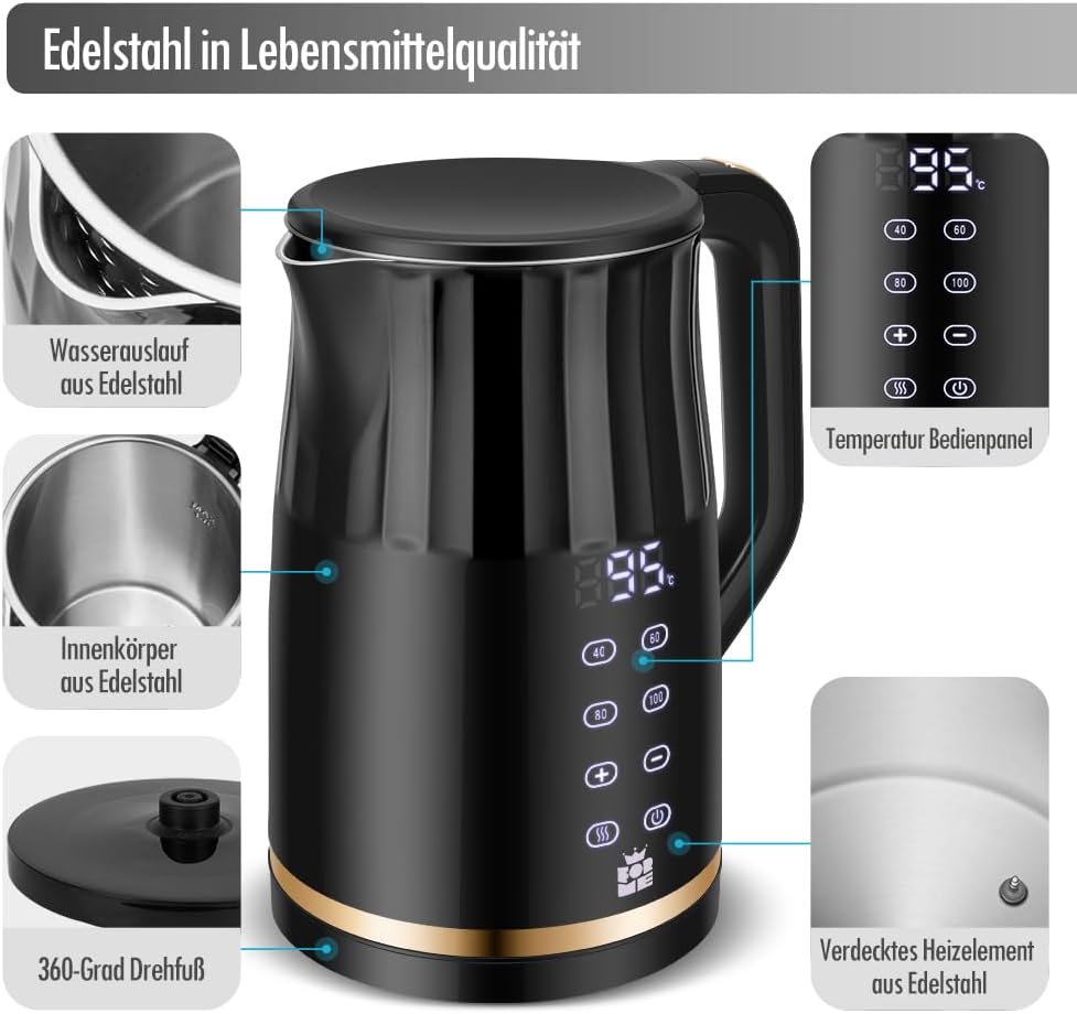 ForMe Edelstahl Wasserkocher 1,7 L avec réglage de la température Temperaturewahl 40-100
