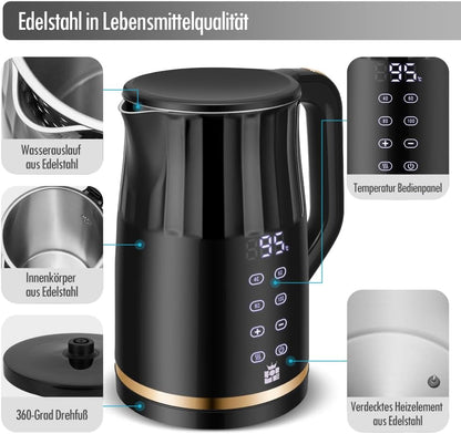 ForMe Edelstahl Wasserkocher 1,7 L avec réglage de la température Temperaturewahl 40-100