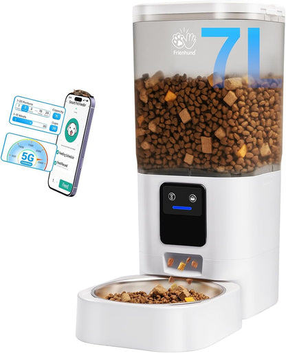 Frienhund 5G WiFi Futterautomat Katze mit APP 7L Futterspender mit Langsamer Vorschub, WLAN Weiß