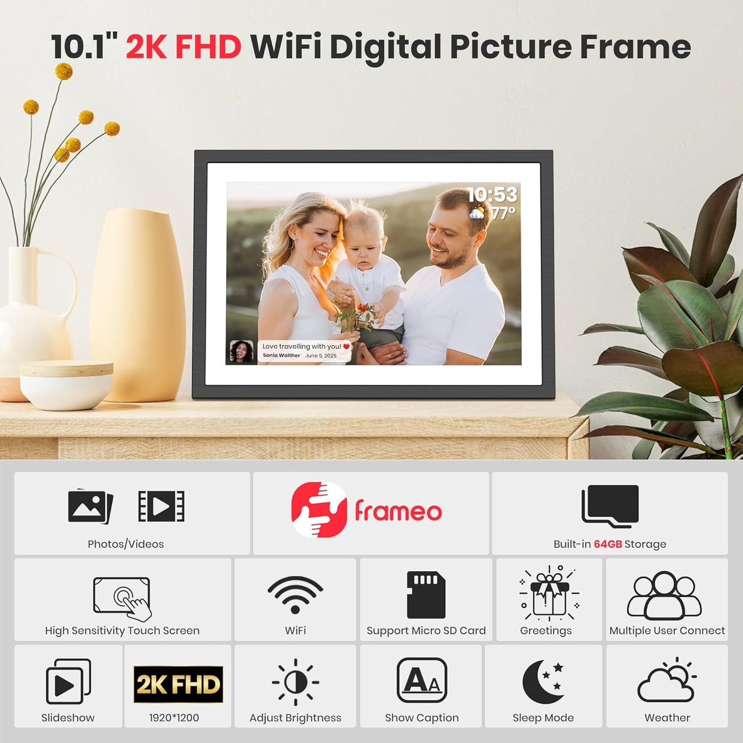 Frameo 10.1 Zoll Digitaler Bilderrahmen 2K 64GB WiFi Elektronischer Bilderrahmen FHD 1920x1200 IPS Touchscreen schwarz