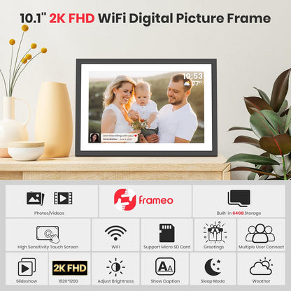 Frameo 10.1 Zoll Digitaler Bilderrahmen 2K 64GB WiFi Elektronischer Bilderrahmen FHD 1920x1200 IPS Touchscreen schwarz