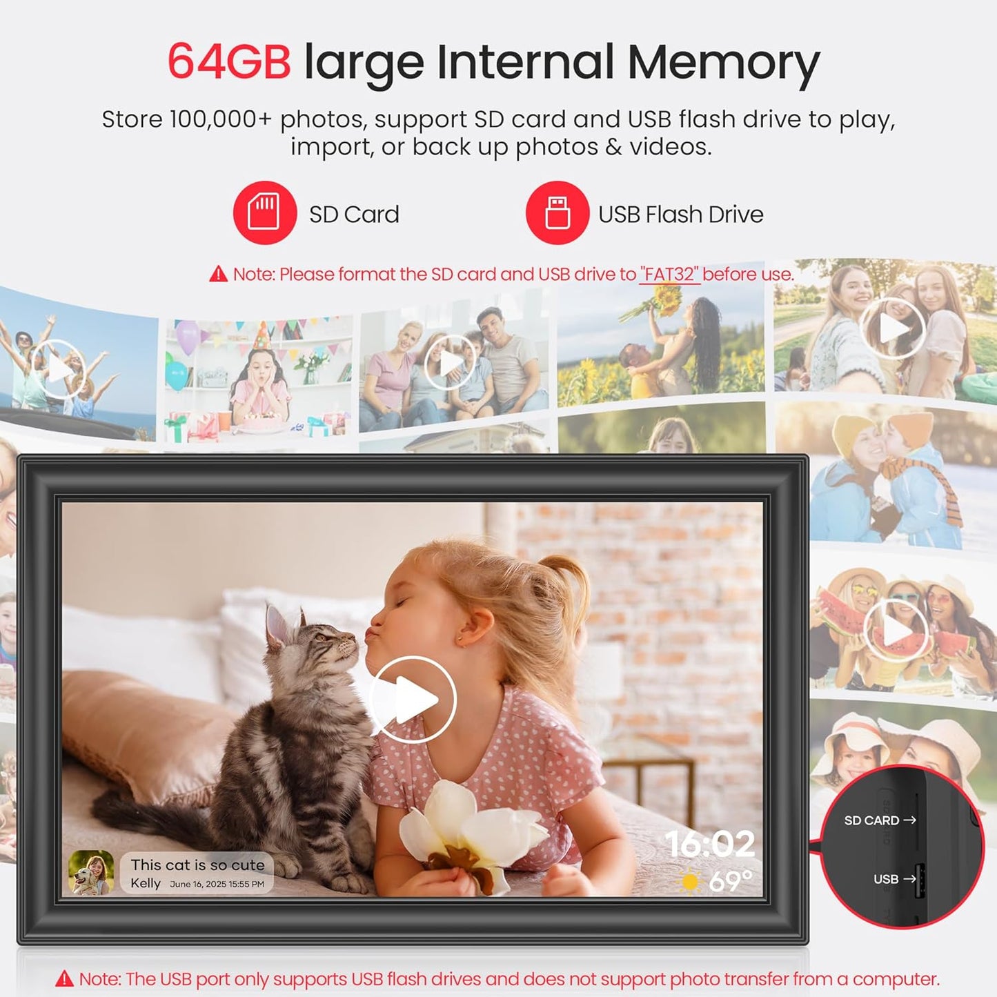 Frameo 15,6 Zoll großer digitaler WLAN-Bilderrahmen, 64 GB Speicher, Schwarz