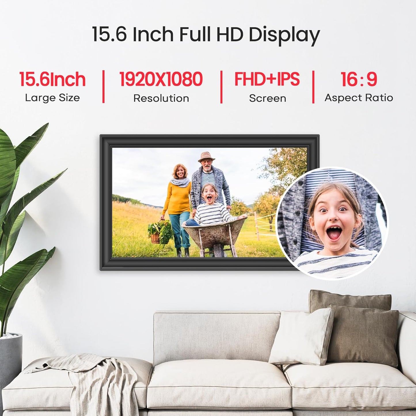 Frameo 15,6 Zoll großer digitaler WLAN-Bilderrahmen, 64 GB Speicher, Schwarz