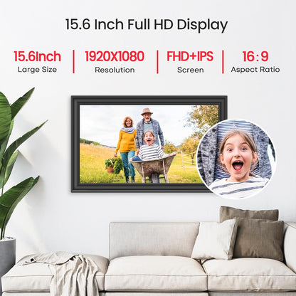 Frameo 15,6 Zoll großer digitaler WLAN-Bilderrahmen, 64 GB Speicher, Schwarz
