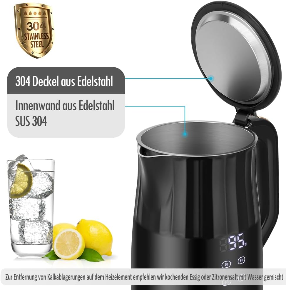 ForMe Edelstahl Wasserkocher 1,7 L avec réglage de la température Temperaturewahl 40-100