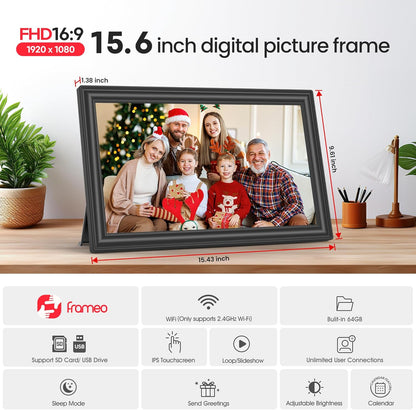 Frameo 15,6 Zoll großer digitaler WLAN-Bilderrahmen, 64 GB Speicher, Schwarz