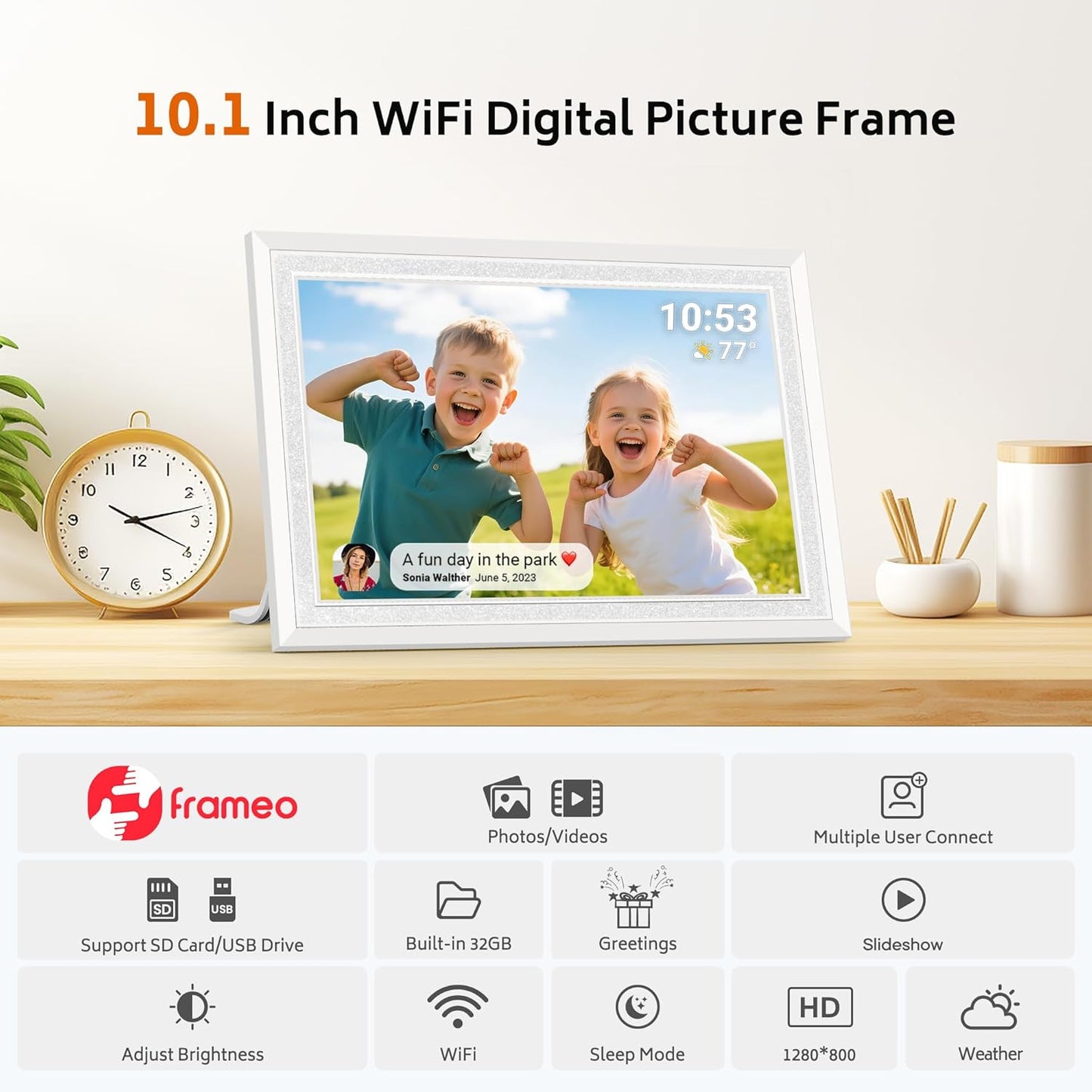 Frameo 10,1 Zoll WiFi Digitaler Bilderrahmen mit 32 GB Speicher, 1280 x 800 IPS Weiß