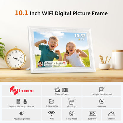 Frameo 10,1 Zoll WiFi Digitaler Bilderrahmen mit 32 GB Speicher, 1280 x 800 IPS Weiß