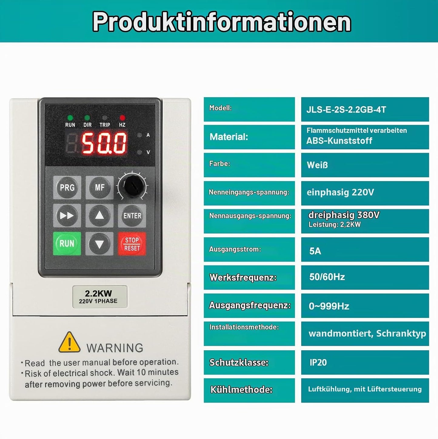 Frequenzumrichter 230V 400V 1-phasig 220V-Eingang 3-phasen 400V-Ausgang | 2.2KW