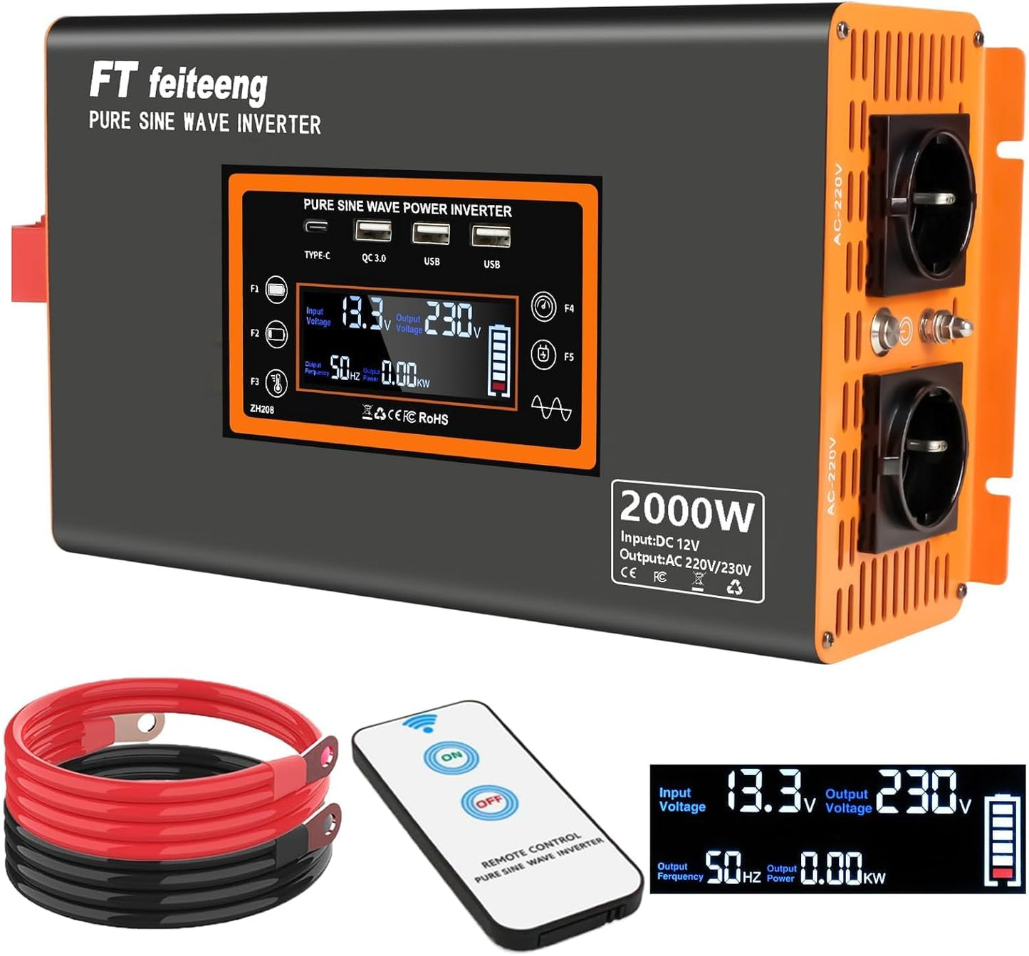 FT feiteeng 2000W/4000W Wechselrichter 12V auf 230V Reiner Sinus,30W USB-C
