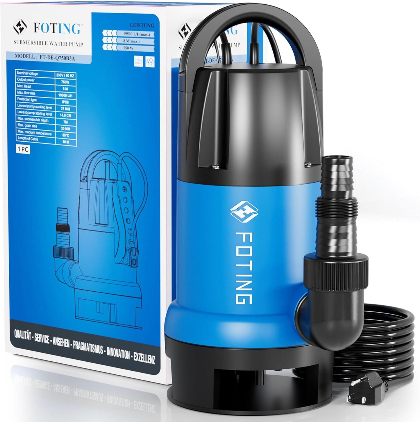 FOTING Schmutzwassertauchpumpe 750 W, 19.500 l/h, Förderhöhe bis 8 m.