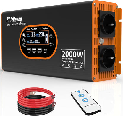 FT Feiteeng Wechselrichter 2000W 12V auf 230V Reine Sinuswelle Spannungswandler LCD Display