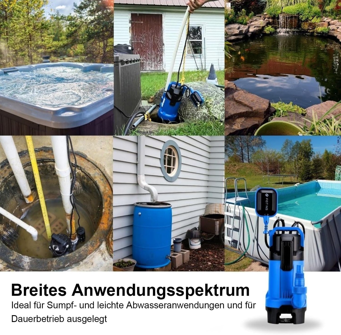 FOTING Schmutzwassertauchpumpe 550 W, 16.000 l/h, Förderhöhe bis 8 m